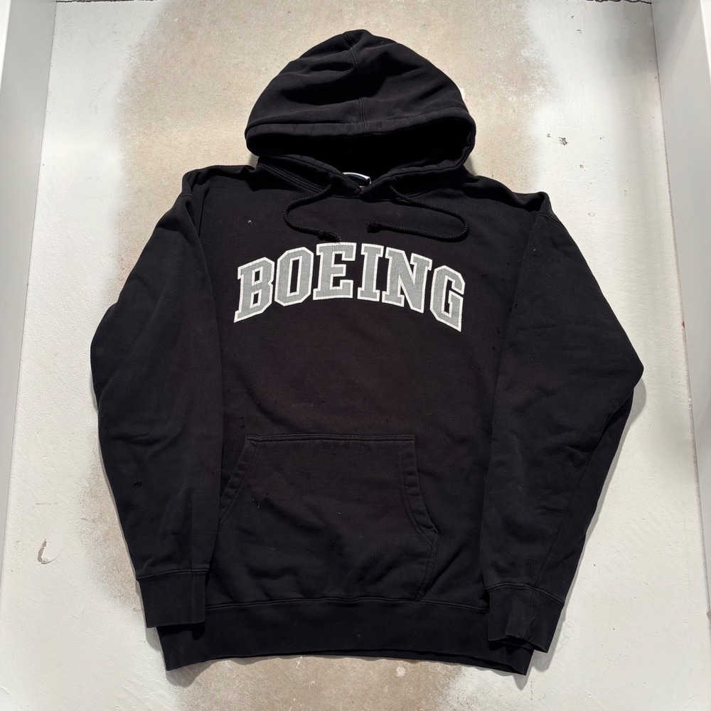 Boeing Hoodie Mens Large Black Distressed Arch Logo Aviation Sweatshirt Pullover